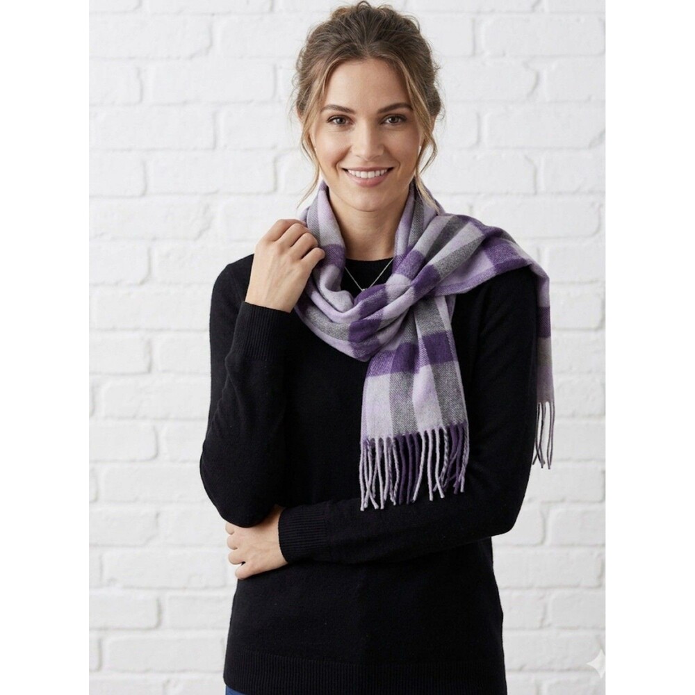 SUANTRAI of Ireland 100% Wool Plaid Fringe Scarf Wrap Blue Purple Multi SOFT